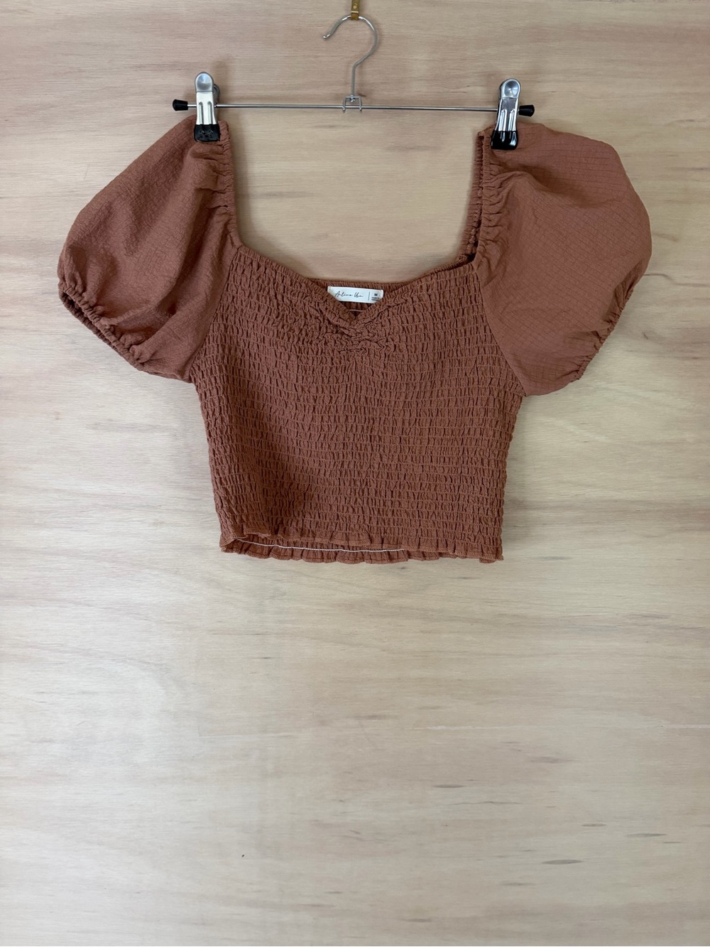 Active USA Rust-Brown Smocked Puff Sleeve Crop Top Size M
